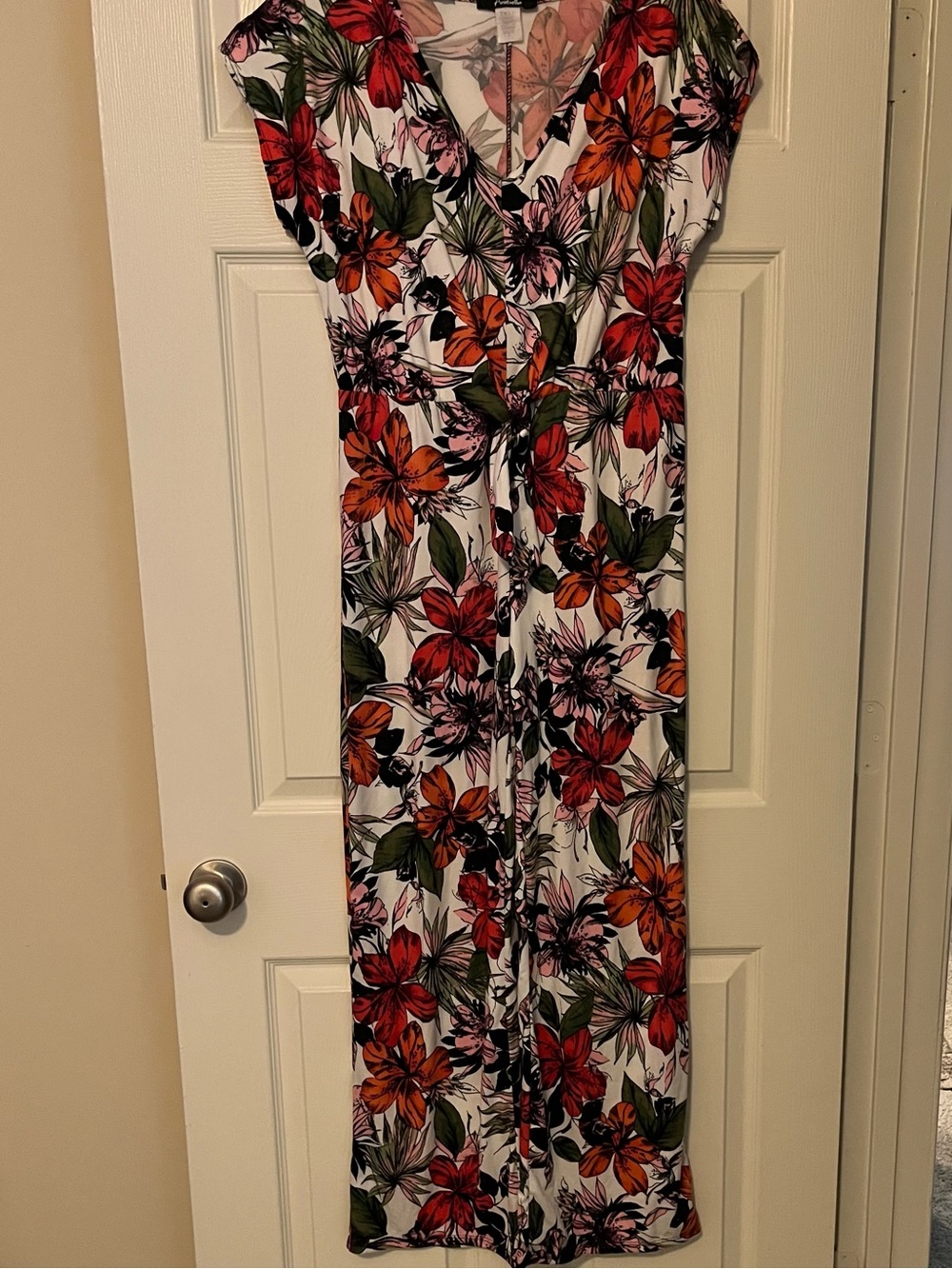 Floral V-Neck Wide-Leg Jumpsuit in White with Red & Orange Bloom